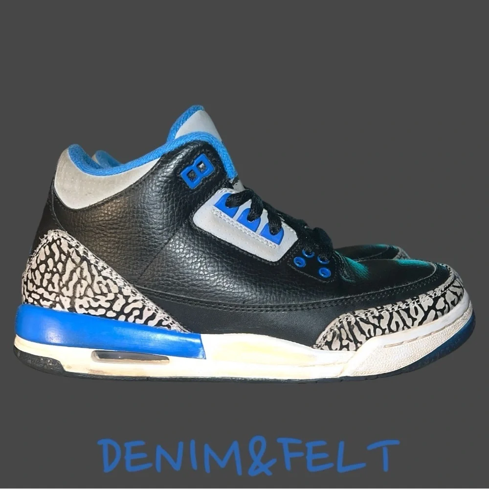 NIKE AIR JORDAN 3 RETRO GS‎ BLACK-SPORT BLUE-GREY SHOE | PRELOVED!!👟👟💙💙